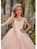 Beaded Ivory Lace Blush Pink Tulle Fringe Flower Girl Dress